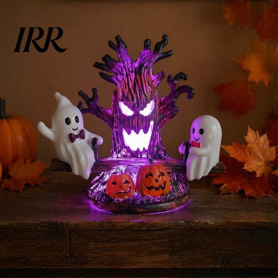 Creative Gothic Style Night Lamp Animated Seesaw Ghost Light, USB Powered 3D Cute LED Decoration with Warm Light Spooky Tree And Pumpkin Design,