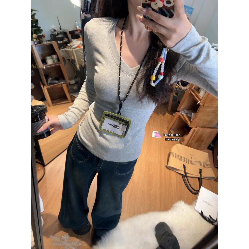 Women's Slim Fit Solid V-Neck Long-Sleeve Top for Autumn & Winter