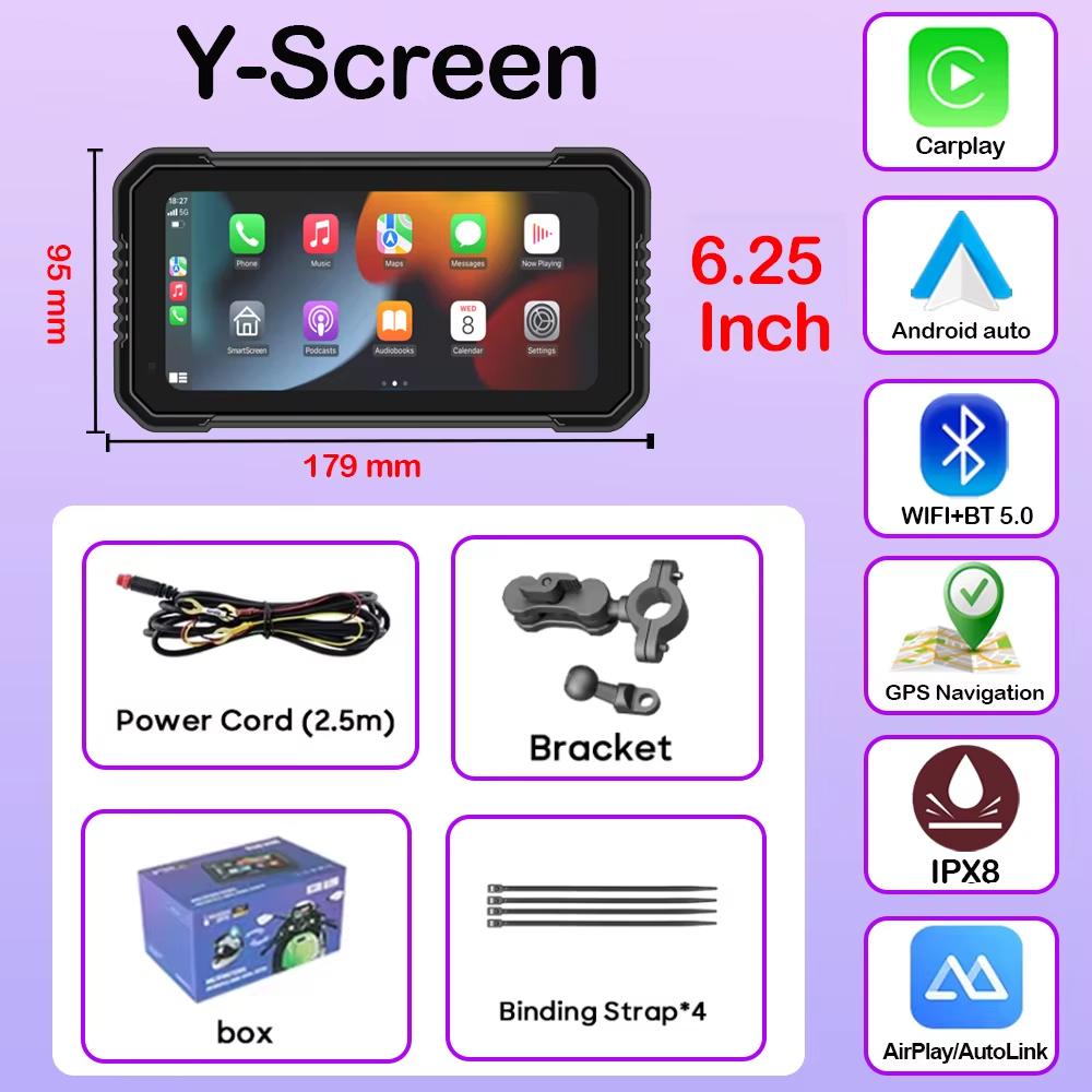 6.25 Inch Motorcycle Navigation Screen Wireless CarPlay Android Auto Motorcycle GPS Motor Dual  DVR Monitor AMP TPMS Optional