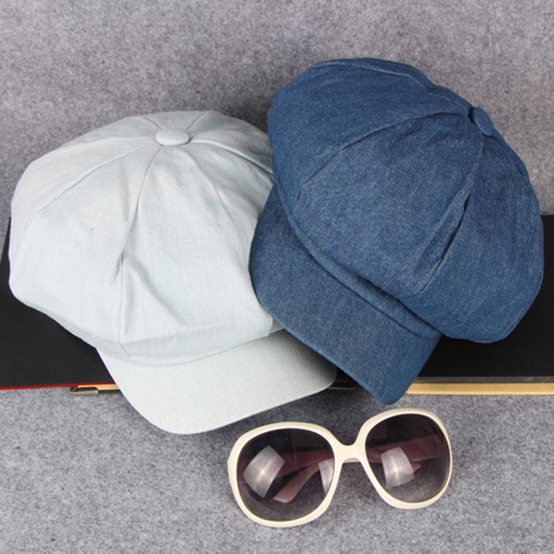 HT1618 Western Style Men Women Caps Hats Casual Solid Denim Flat Caps Painter Artist Octagonal Beret Caps Retro Berets