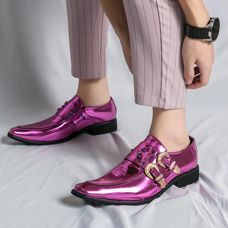 Lakierowana Skóra Fioletowe Męskie Buty Wizytowe Luksusowa Marka Platforma Szpiczasty Nosek Eleganckie Błyszczące Cyrkonie Ślubne Oksfordy Buty Chelsea