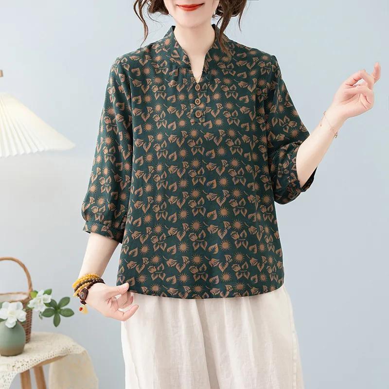 T-shirt d'été décontracté pour femme à manches 3/4 amples en coton et lin