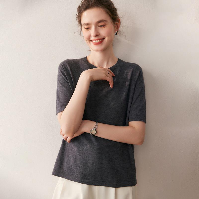 Women's 100% Wool Short Sleeve Round Neck Sweater - Casual, Versatile Solid Color Autumn Pullover