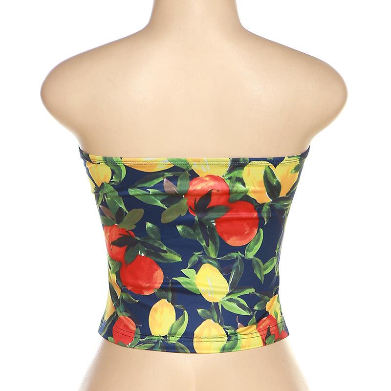 Women's Wrap Chest Crop Tops Y2K LemonPrint Strapless Bandeau Tube Tops Hotsweet Summer Off Shoulder Backless Tank