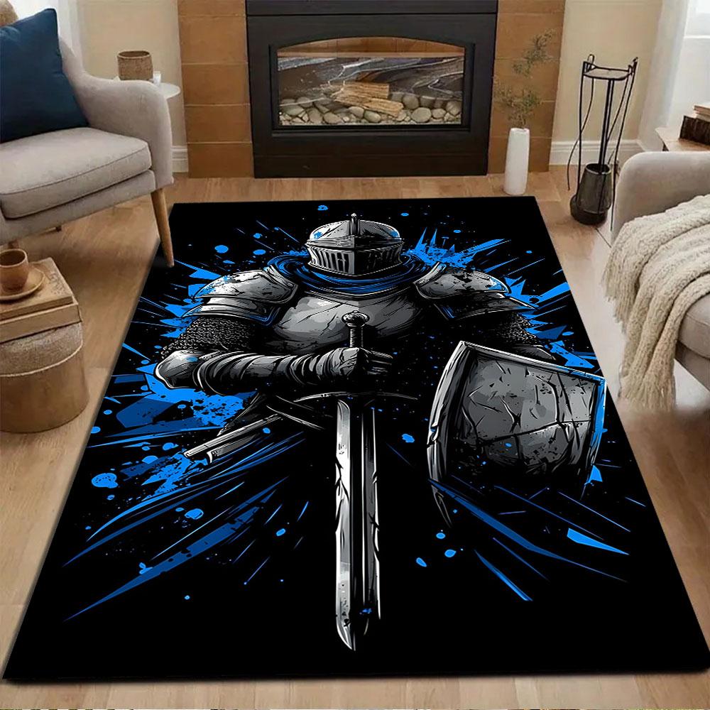 Knight In Shining Armor with Shield Patterned Carpet, Non Slip Mat Suitable for Living Room and Bedroom Sofas