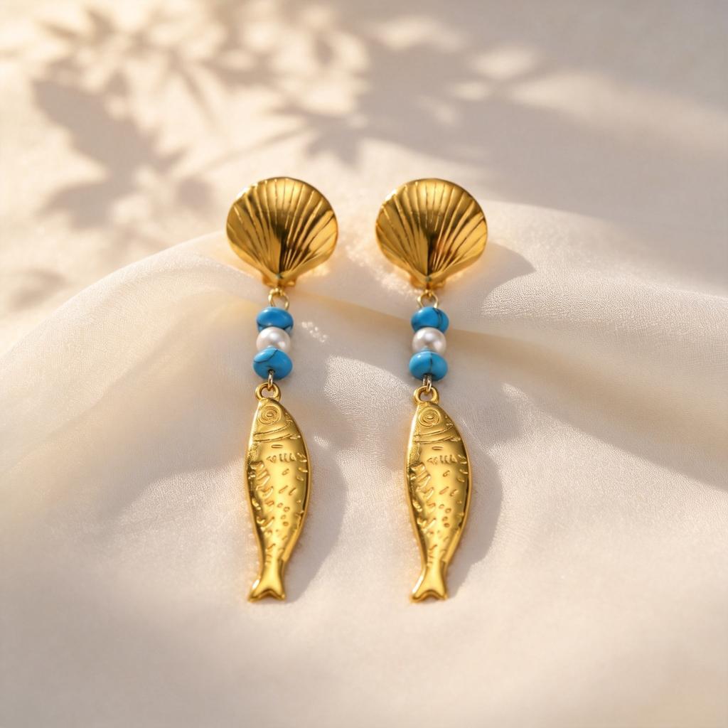 18K Gold Color Plated Long Fish Pendant Earrings Blue Stone Stainless Steel Waterproof Earrings for Women Trendy Holiday Jewelry