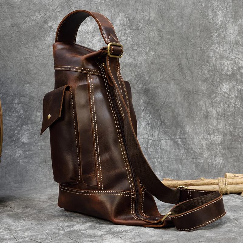 Retro Big Leather Chest Bag For Sports Hiking Biking Crossbody Bags Crazy Horse Leather Men Male Chest Packs Single Shoulder Bag