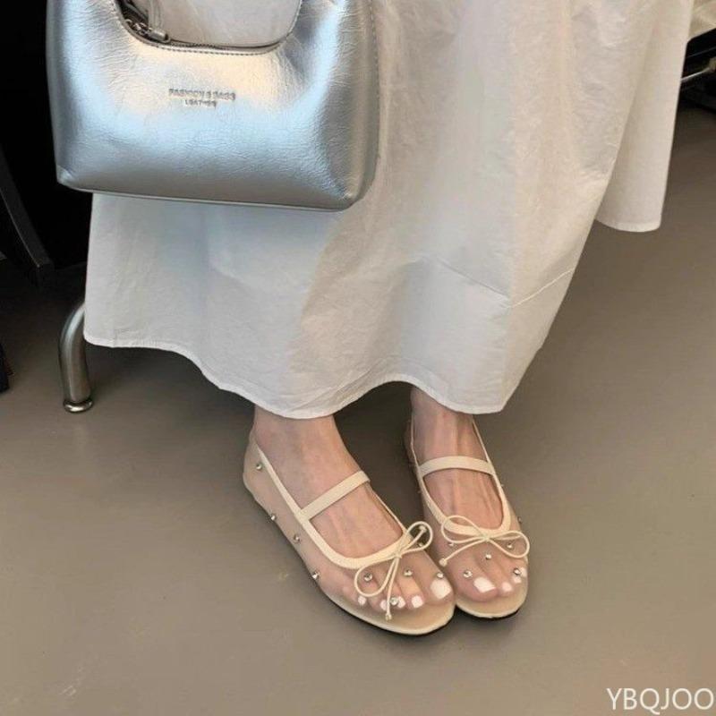 Bow fashionable soft-soled shoes temperament mesh round head shallow mouth single shoes  lightweight Breathable flat shoes