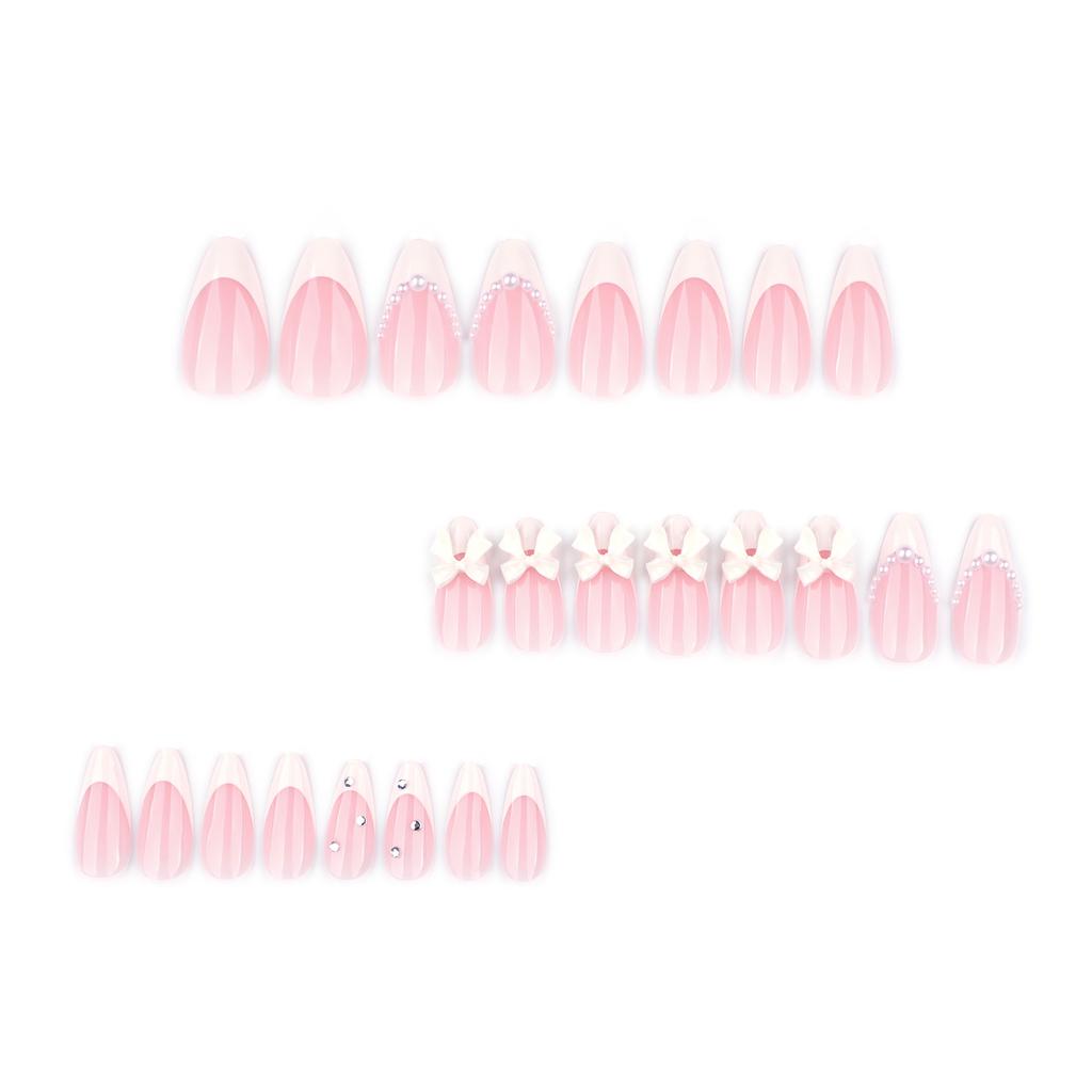 24 Pieces Sweet, Hot Selling Almond Nail Pieces, French White Fake Nails, White Bow Pearl Wearing Nail