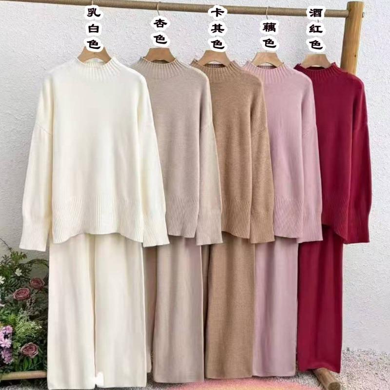 Semi-turtleneck knitted sweater wide-leg pants set women's solid color lazy wind large size loose sweater women's two-piece set