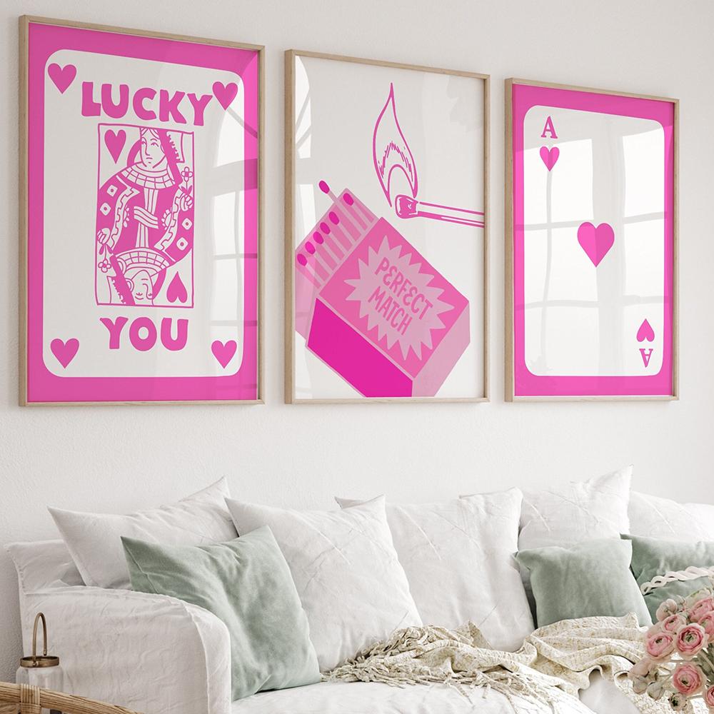 Pink Trendy Retro Wall Art Poker Y2k Poster Print Aesthetic Lucky You Funny Art Minimalist Canvas Painting Girl Room Home Decor