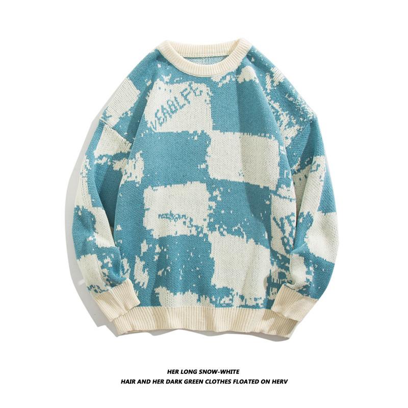 Japanischer Retro-Pullover mit Rundhalsausschnitt und Karomuster in Herzform für Männer und Frauen, locker sitzender Strickpullover für Studenten, trendige Marke, Paar im Lazy-Style