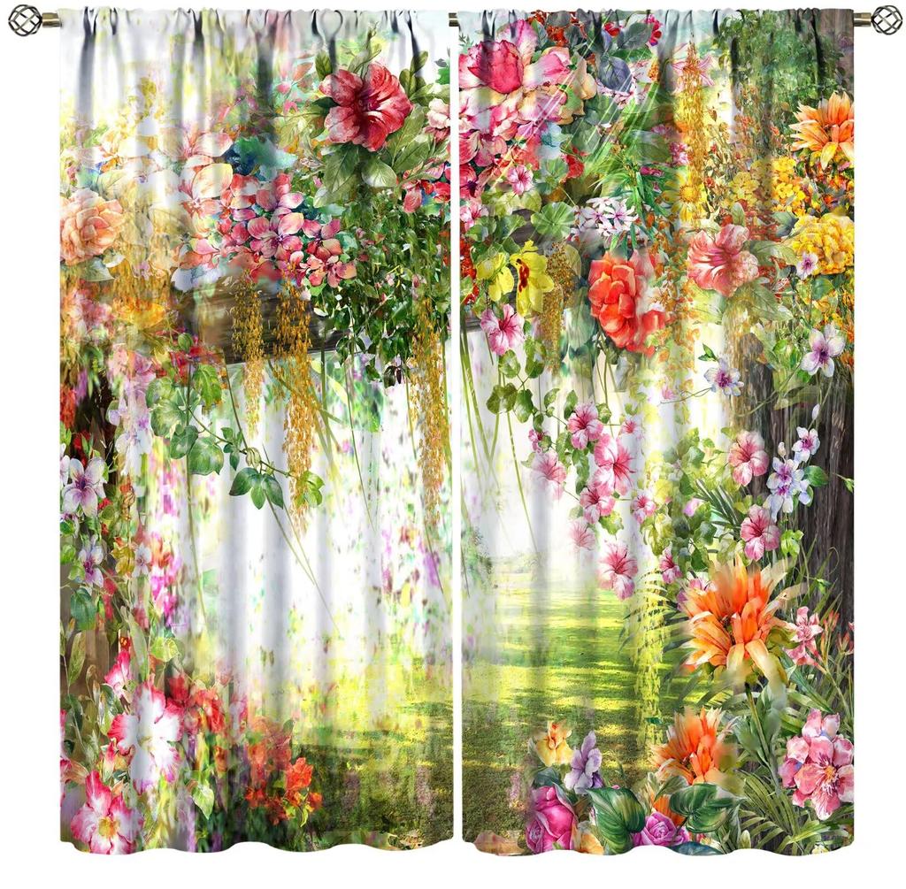 Boho Floral Curtain Flower Spring Wildflower Vintage Plant Bedroom Living Room Home Drapes Window Treatments Panel Curtains Polyester Area Decor