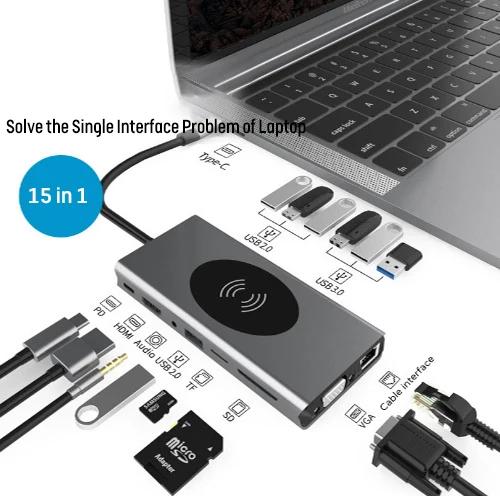 

Док-станция 14 в 1 USB HUB Type C на HDMI-совместимый беспроводной зарядный адаптер USB 3.0 Type C HUB док-станция для MacBook