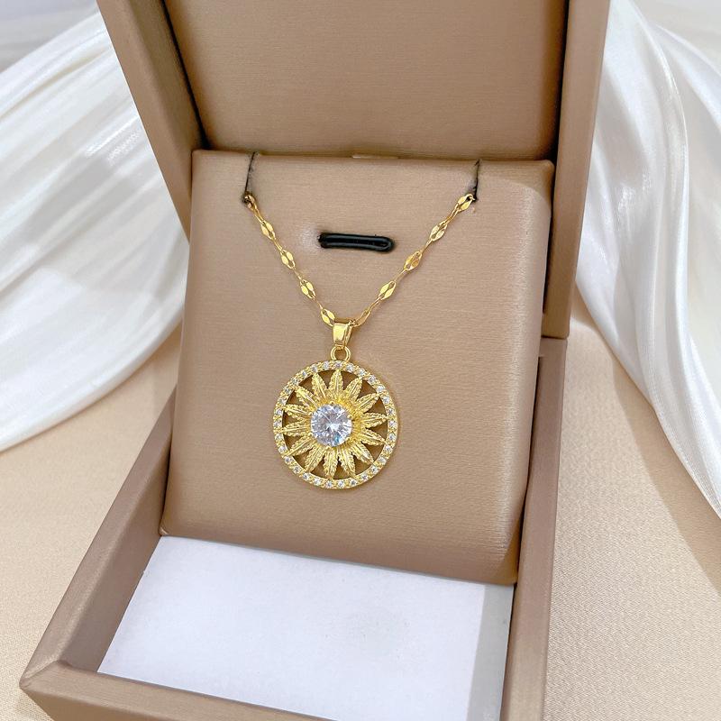 Sonnenblume Sonnenblume Leichter Luxus Temperament Wunderschöne Voll-Diamant-Halskette Damen Vielseitige Schlüsselbein-Kette Titanstahl-Kette