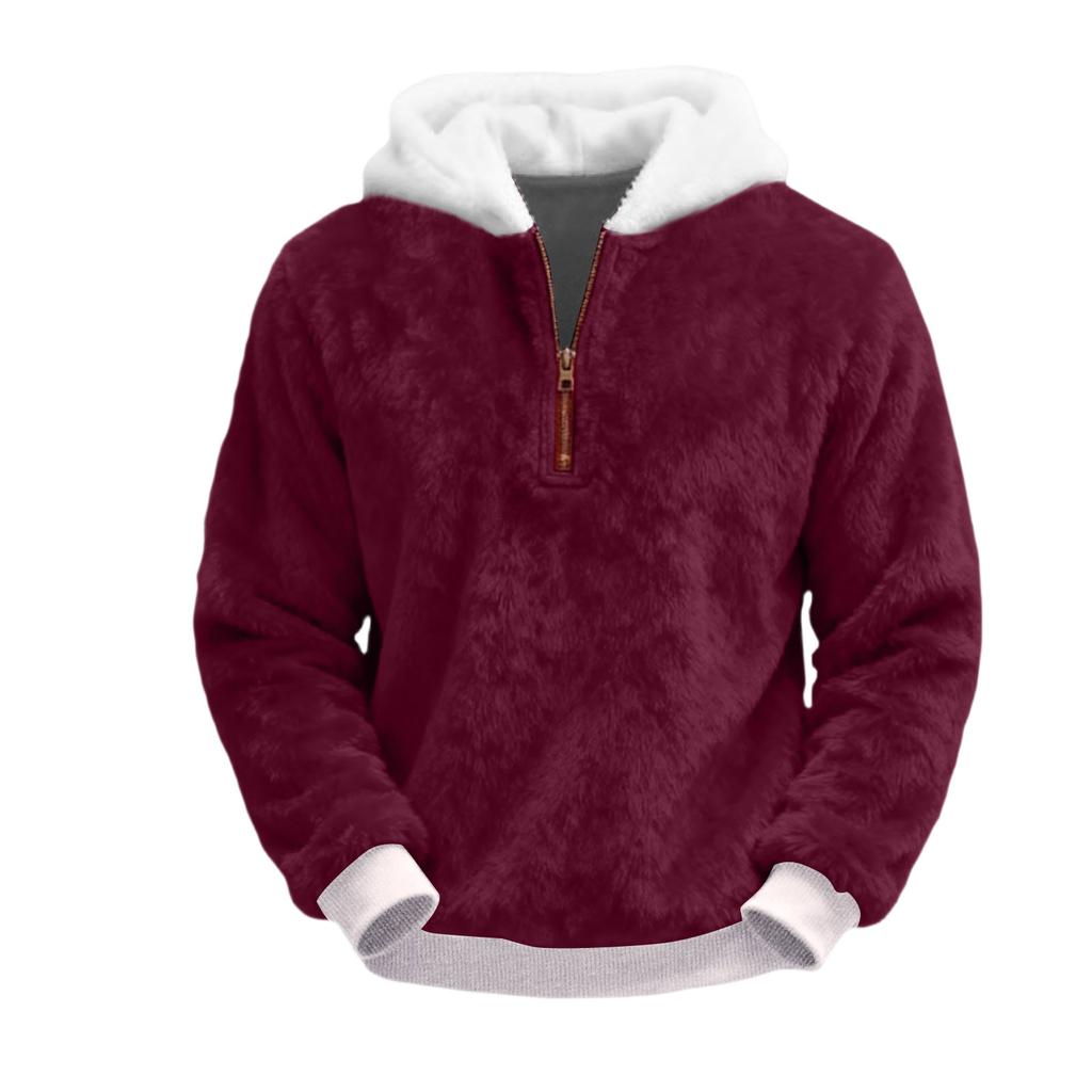 Pánská plyšová mikina s kapucí a polovičním zipem