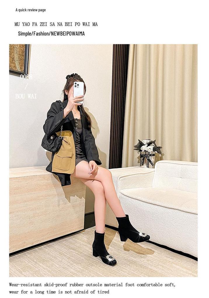 Autumn/Winter Rhinestone Buckle Chunky Heel Slimming Velvet Sock Boots for Women