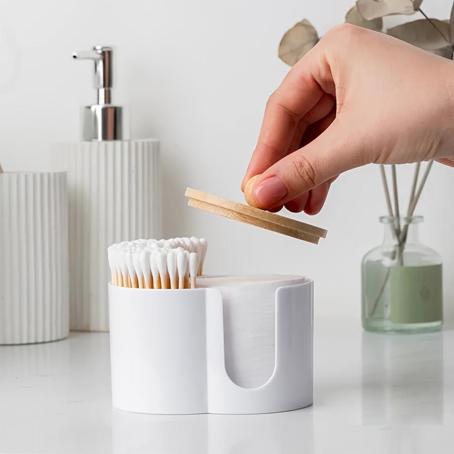 2-in-1 one-piece cotton swab box with wooden cover, makeup remover cotton storage box, desktop with cover, double-hole round combination storage can.