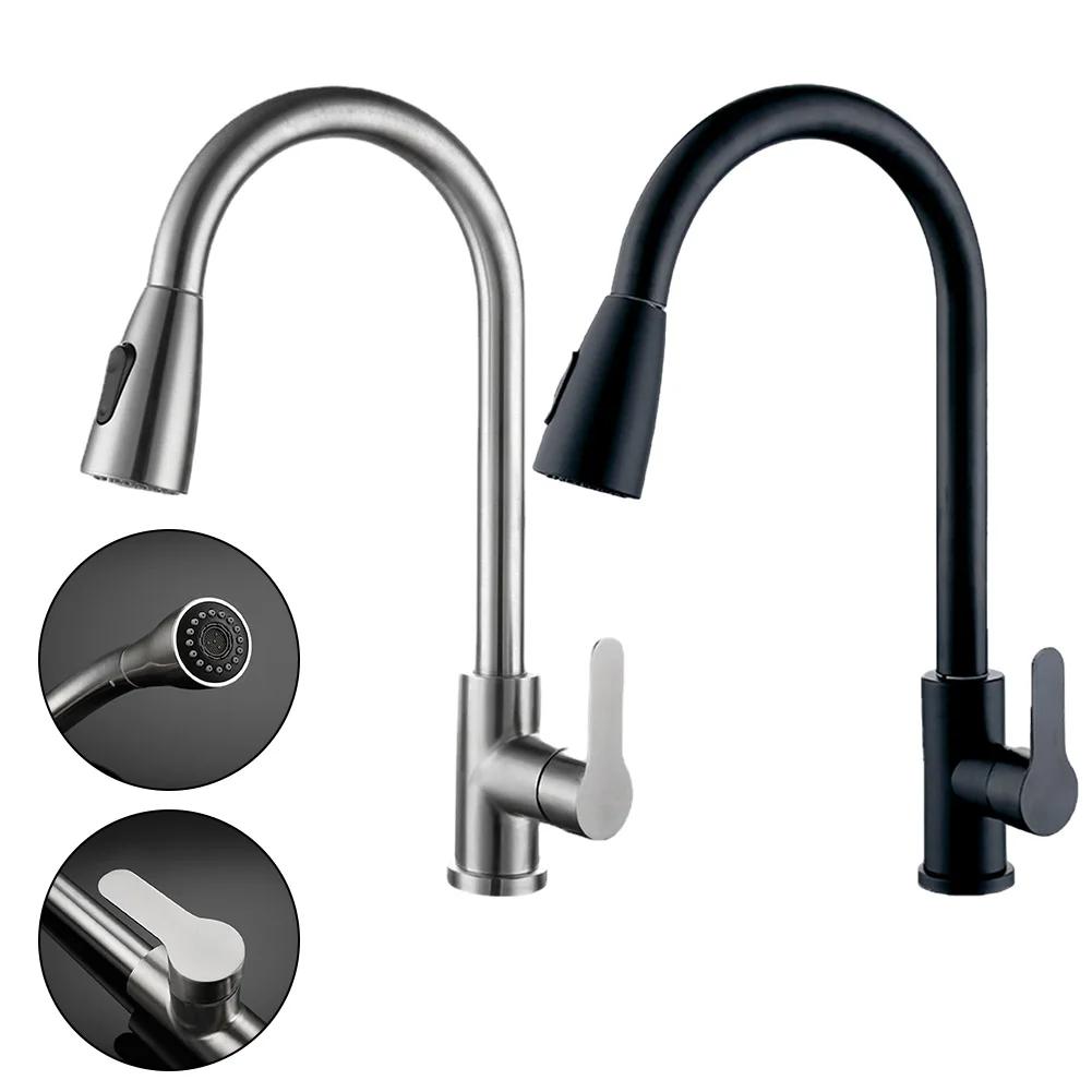 Kitchen Faucets Brushed Nickel Pull Out Kitchen Sink Water Tap Deck Mounted Mixer Stream Sprayer Head Hot Cold Taps Sliver