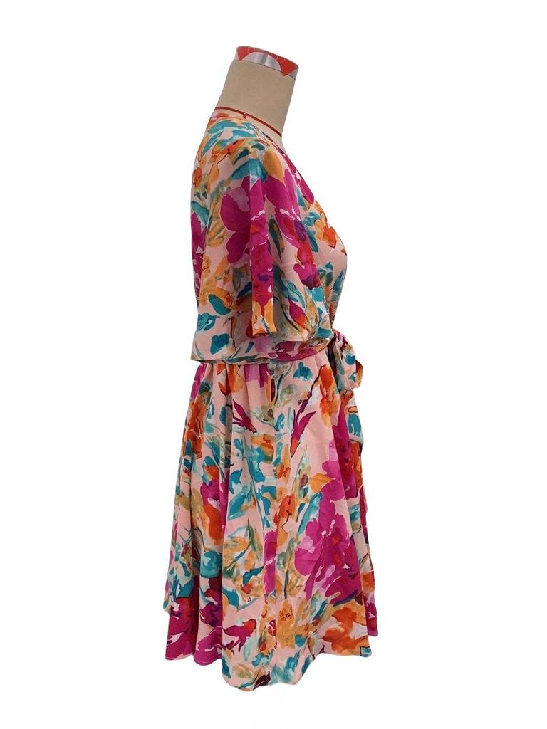 2025 Summer Floral Print Cross-Neck Tie-Waist Dress for Women