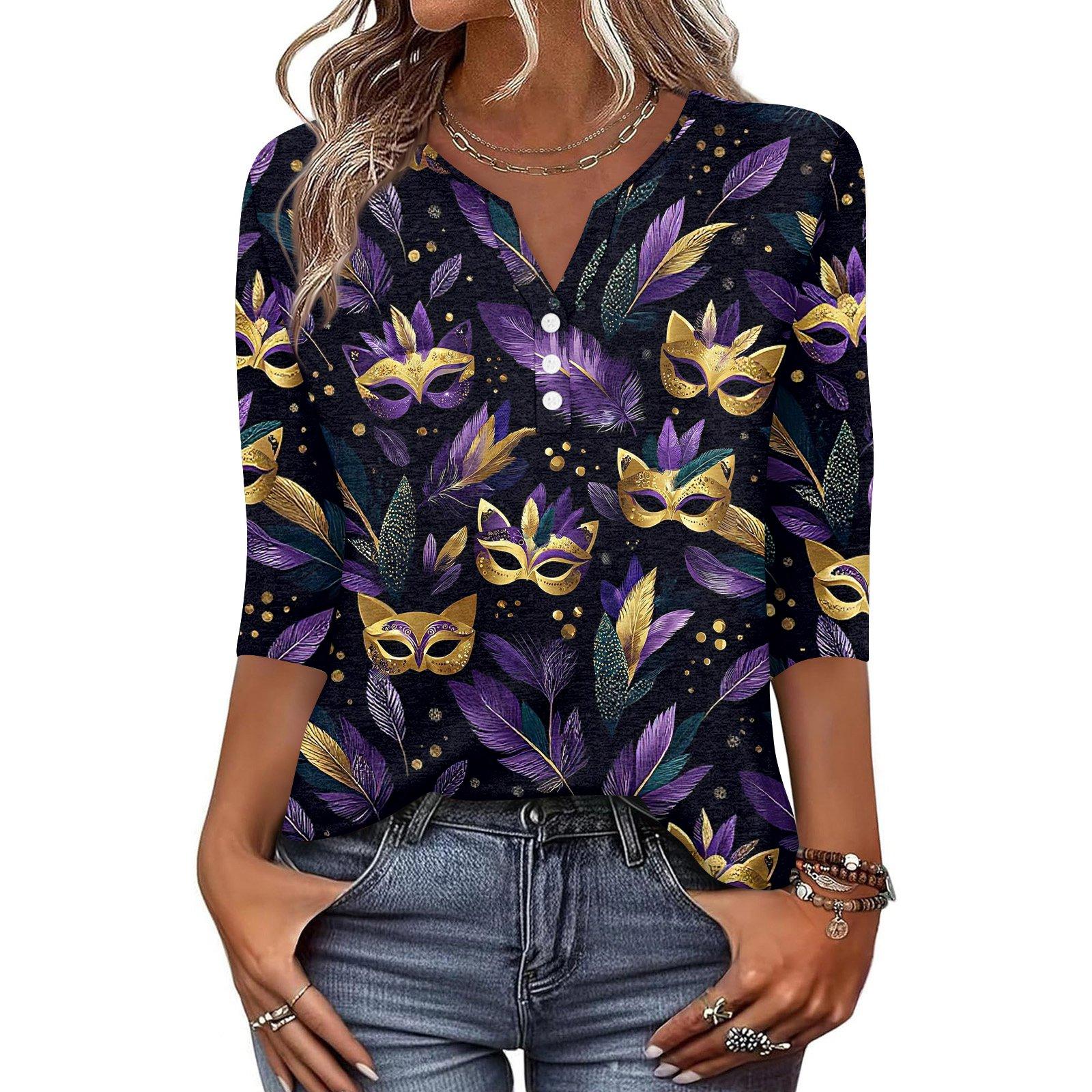

Women s T Shirt Print Button 3/4 Sleeve Daily Weekend Fashion Basic V- Neck Regular Top L чёрный