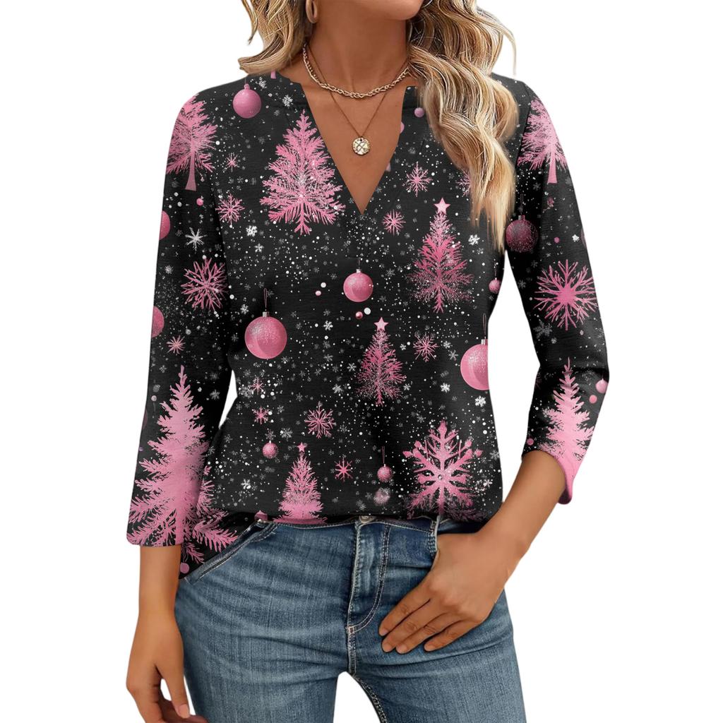 Women's Casual Fashionable Sexy Comfortable V-Neck Christmas Three-Quarter Sleeve Top