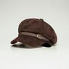 Maillard Vintage Leather Buckle Suede Beret Women's Autumn and Winter Fashion Brown Newsboy Hat Small Octagonal Hat
