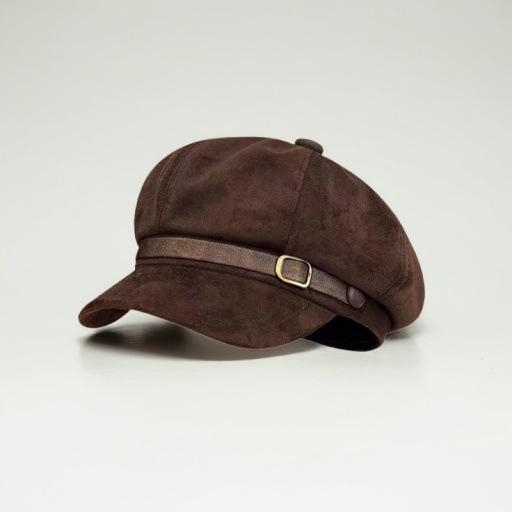 Maillard Vintage Leather Buckle Suede Beret Women's Autumn and Winter Fashion Brown Newsboy Hat Small Octagonal Hat