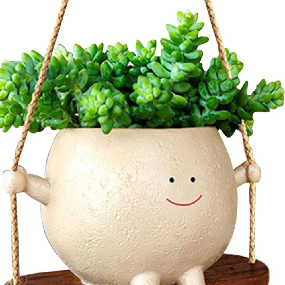 Plant Hanger Basket Lovely Swing Face Planter Pot Resin Smiling Face Planter Creative Wall Hanging Planter Decor Garden Supplies