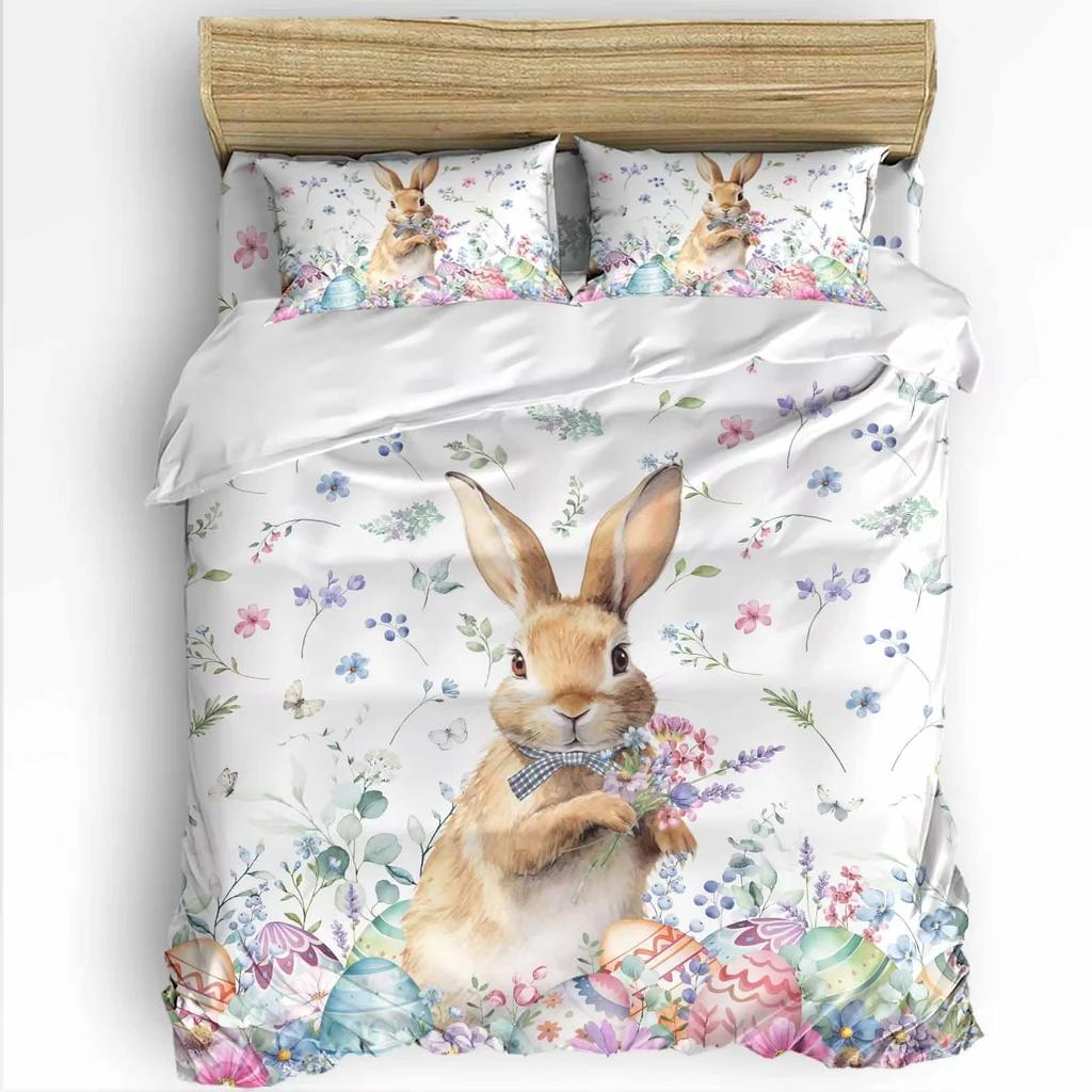 Easter Decor Rabbit Duvet Cover Colorful Flowers Bedding Set Girls Kids Room Kawaii Decor Easter Gifts Comforter Cover 2/3 Pcs