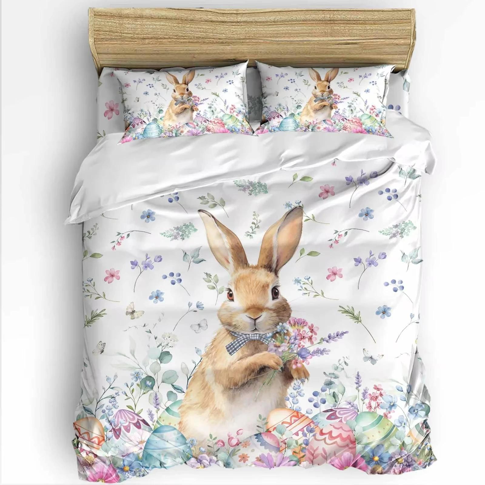 

Easter Decor Rabbit Duvet Cover Colorful Flowers Bedding Set Girls Kids Room Kawaii Decor Easter Gifts Comforter Cover 2/3 Pcs 180*220cm 3pcs