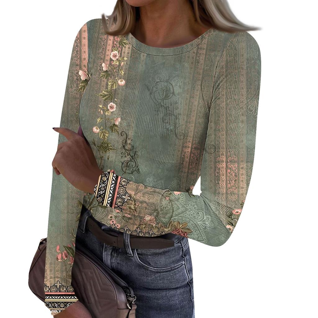 Damen T-Shirt mit Rundhalsausschnitt und schmaler Unterseite, für den Winter, modisch, lässig, bedruckt, langärmelig