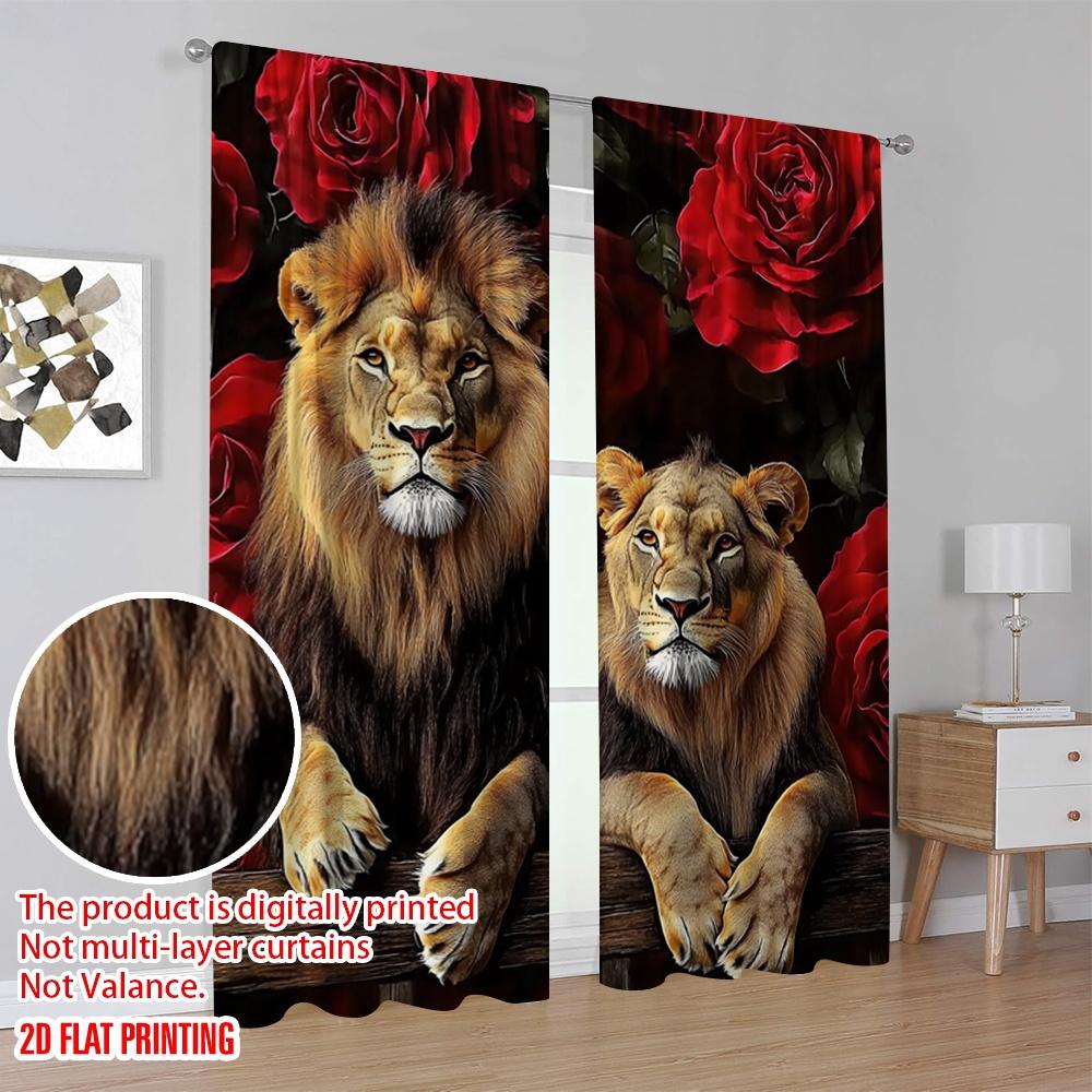 2 szt. płaski druk 2D Zasłona z kwiatem róży Zwierzę Lew Nowoczesny styl Pokój domowy Odpowiedni do sypialni salonu jadalni i