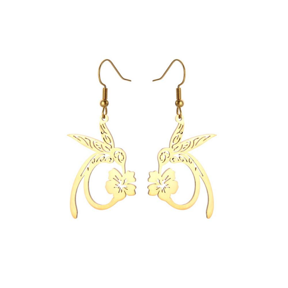 Stainless Steel Hollow Hummingbird Flower Women s Earrings Necklace Brooch Ring Fashion Personality Trend Jewelry Set Wholesale