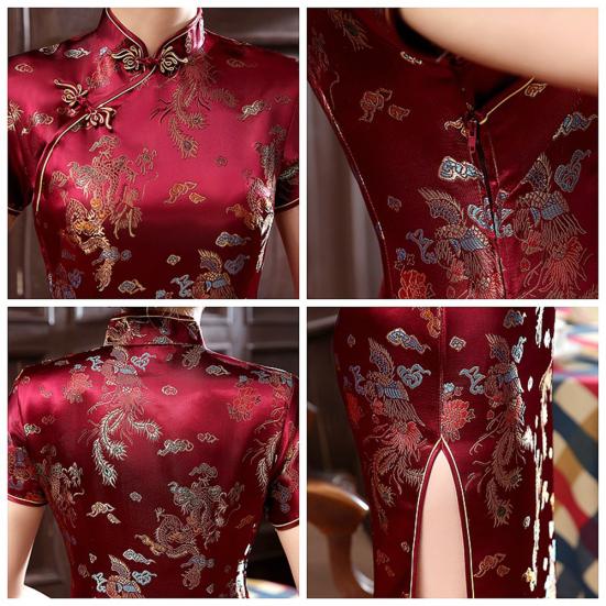 Ethnic Vintage Women Chinese Dragon Phoenix Embroidery Long Slim Cheongsam Dress