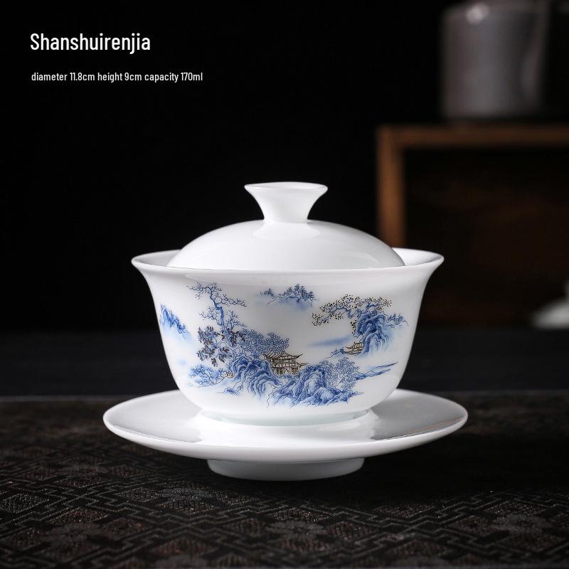 Ice Type White Porcelain Yuanbao Gaiwan Tea Set - Large Peony Flower Design