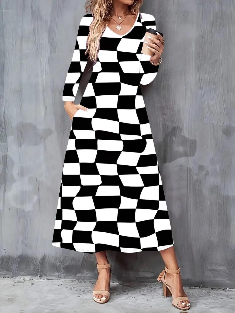 2025 Autumn and Winter New Women Casual Fashion Dress 3D Polka Dot Print  Long Sleeve V-Neck A-Line Dresses
