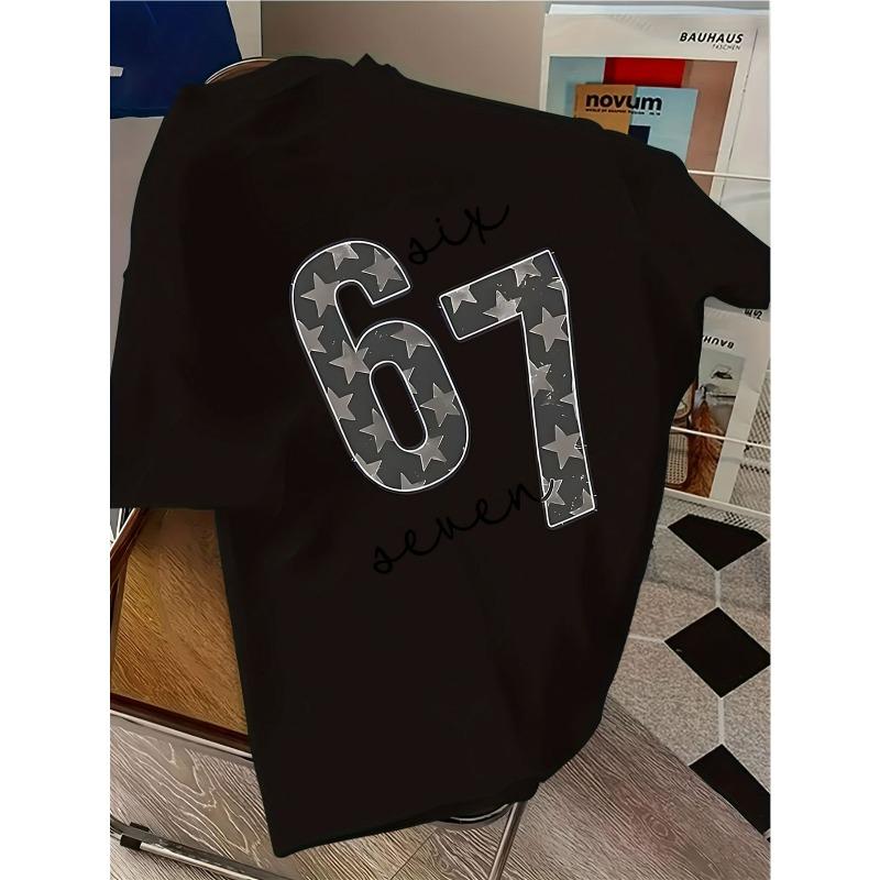 European sizes Number 67 Print T-Shirt Summer Short Sleeve Round Neck Casual Top with Number 67 Design Breathable Comfortable Regular