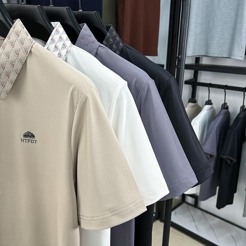 Light Luxury Summer Business and Leisure Dad's Dress Flip Collar Ice Silk Half Sleeve Printed Bottom Polo Shirt