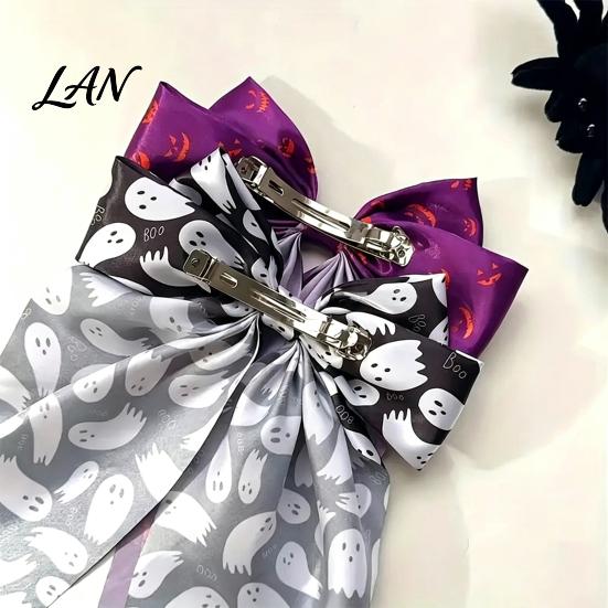Halloween Hair Accessories Silky Satin Bows for Women, Big Ribbon Bow Clips Girls, Decorative Clip Oversized Long Tail Barrettes, Cute Ghost