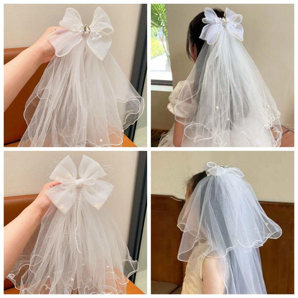 White Girls Head Gauze Bow Bridal Tulle Fashion Veil Hair Clip  Hairpins