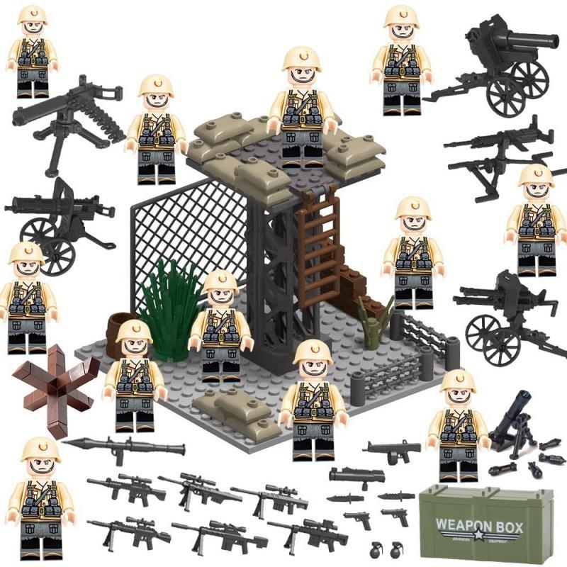WWII Military Building Block Figures: US, German & British Armies with Heavy Weapons