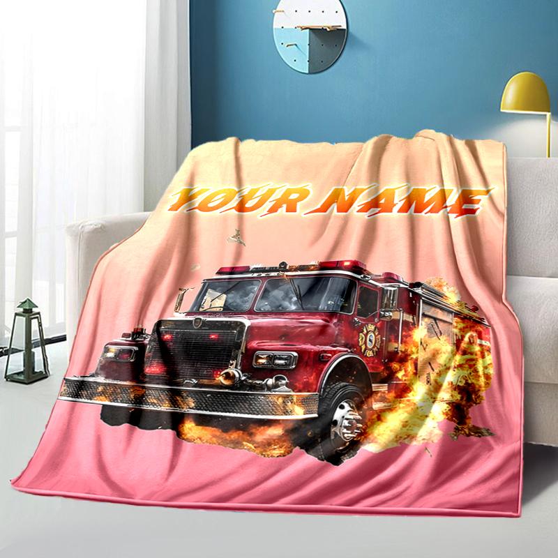 1PC Custom Name Fire Truck Flames Art flannel blanket versatile,all-season throw suitable for the living room,bedroom,camping,travel,and gift