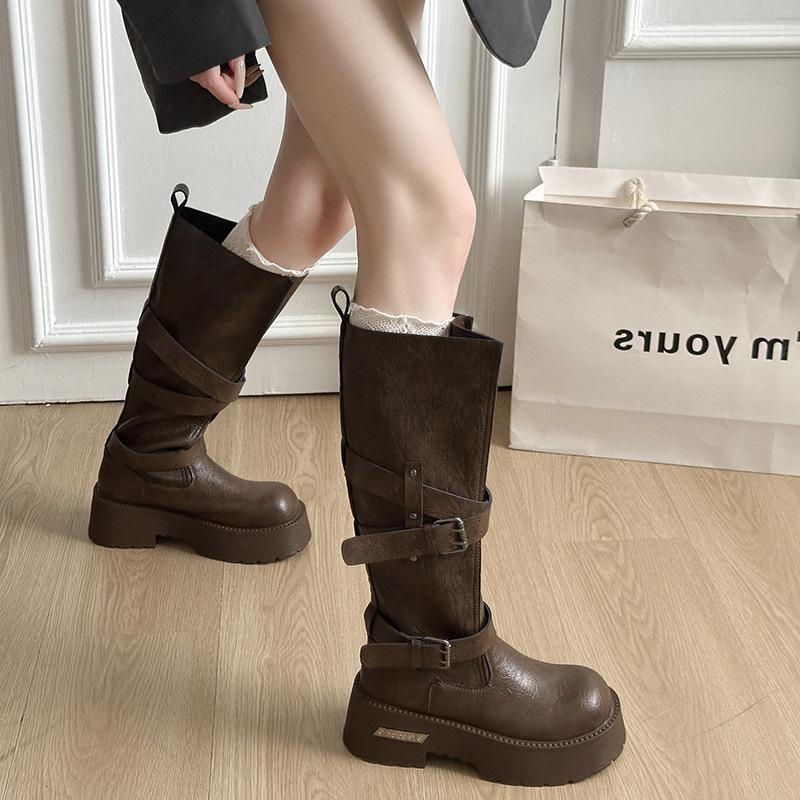 

Thick-soled small retro western tall knight boots women s autumn and winter new thin wide tube heightening riding boots 40 хаки