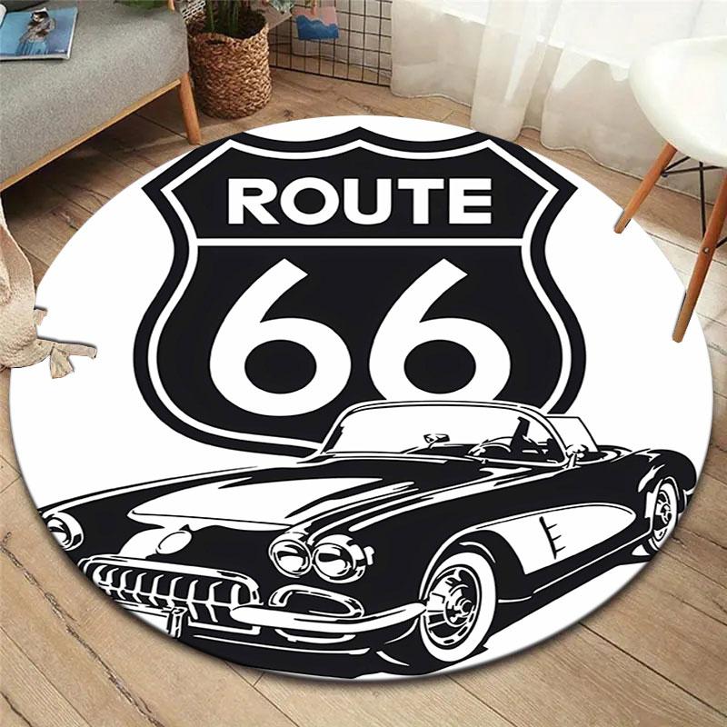 Tappeto Rotondo ROUTE66, Tappeto per Soggiorno Camera da Letto Divano Stanza dei Giochi Decorazione, Tappetino Antiscivolo