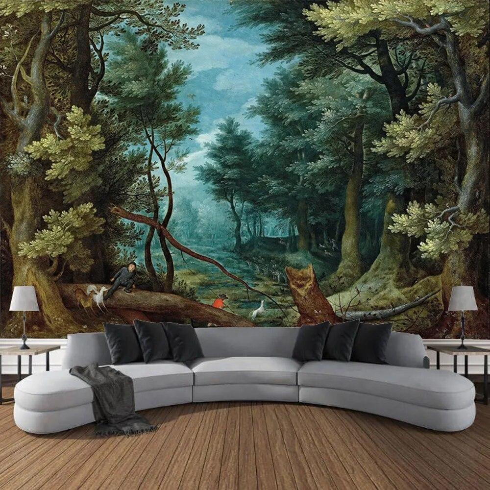 Dream Forest Cabin Oil Painting Wall Art Large Tapestry Mural Decoration Curtain Bedroom Living Room Home Decoration