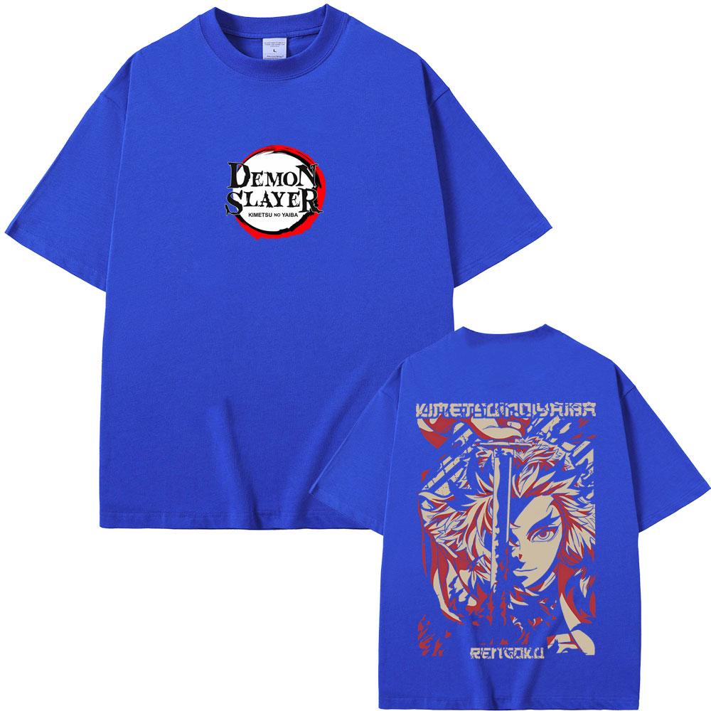 Anime Demon Slayer Rengoku Kyoujurou Double Sided Print T-shirt Summer Men Women Casual Oversized Tshirt Male Vintage T Shirts