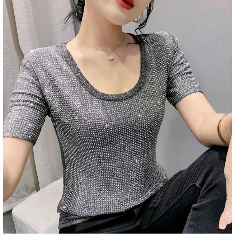 Summer Streetwear Girl Luxury Hot Drill Slim Fit T-Shirt Fashion Temperament O-Neck Short Sleeve Shiny Diamonds Women Tees Tops