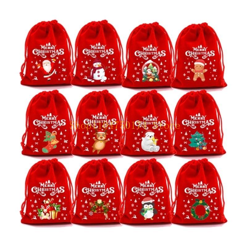12pcs Christmas Plush Gift Bags For Holiday Decorations And Surprises Drawstring Designs Pouches For Secure Closure top sale