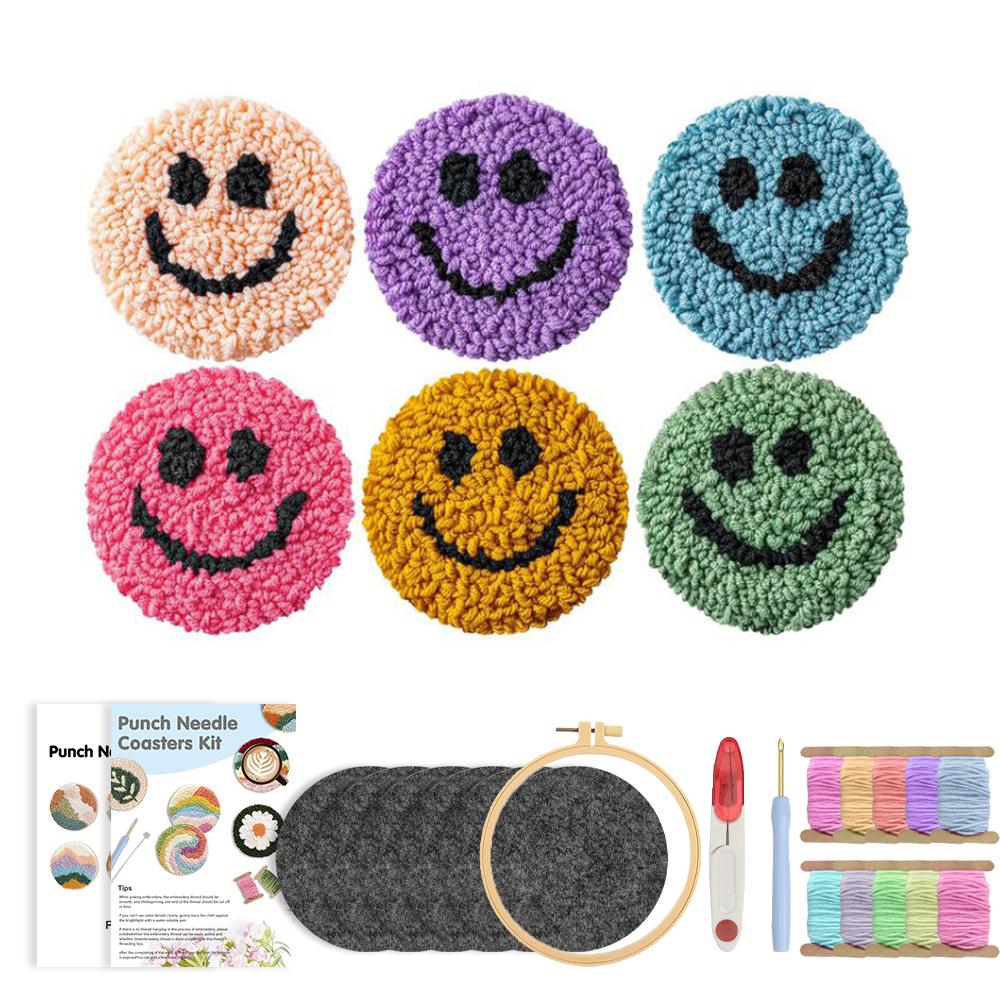 6cs Punch Needle Coaster Kit Easy Pattern Punch Needle Embroidery Tufting Coaster Kit for Beginners DIY Set of Art Work Decor